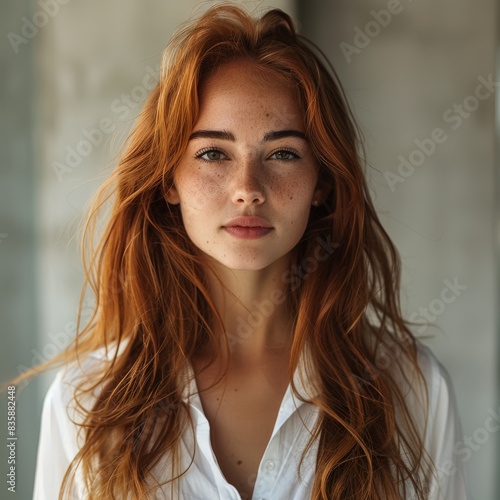 Portrait of a Woman With Long Red Hair in a White Shirt