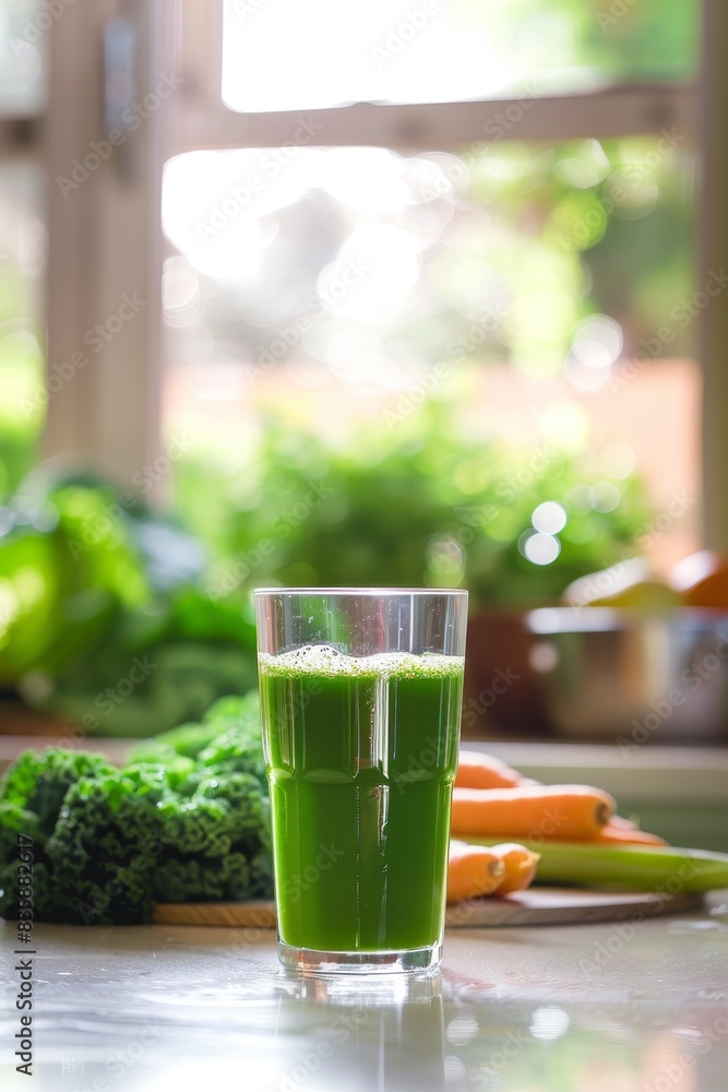 A refreshing vegetable juice in a clear glass, with a vibrant green hue from spinach and kale. The backdrop is a bright kitchen setting, evoking a fresh and healthy lifestyle. A refreshing vegetable juice in a clear glass, with a vibrant green hue from spinach and kale. The backdrop is a bright kitchen setting, evoking a fresh and healthy lifestyle.