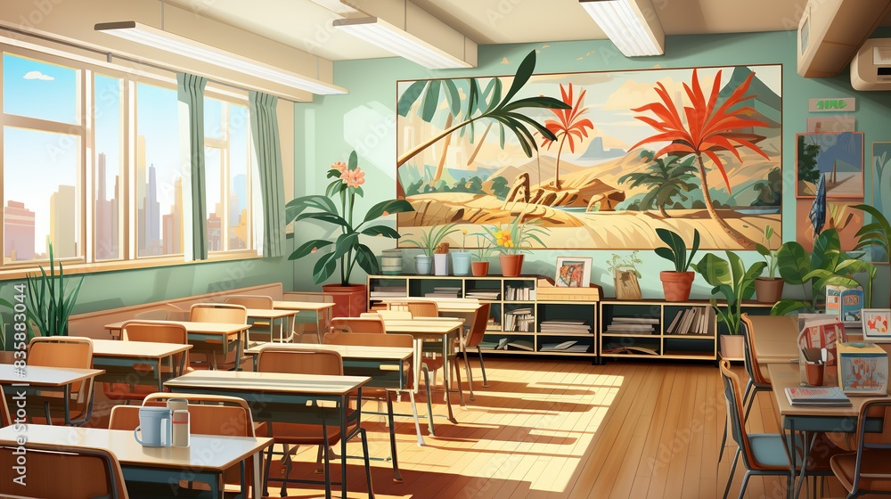 Fototapeta premium A photo of a classroom with students learning about climate change, emphasizing the role of education in raising awareness and fostering environmental stewardship. Painting Illustration style,