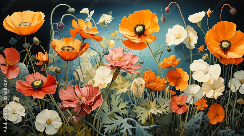 A vibrant image of a flower garden attracting various pollinators, highlighting the role of plants and insects in maintaining healthy ecosystems and their vulnerability to climate change. Painting A vibrant image of a flower garden attracting various pollinators, highlighting the role of plants and insects in maintaining healthy ecosystems and their vulnerability to climate change. Painting
