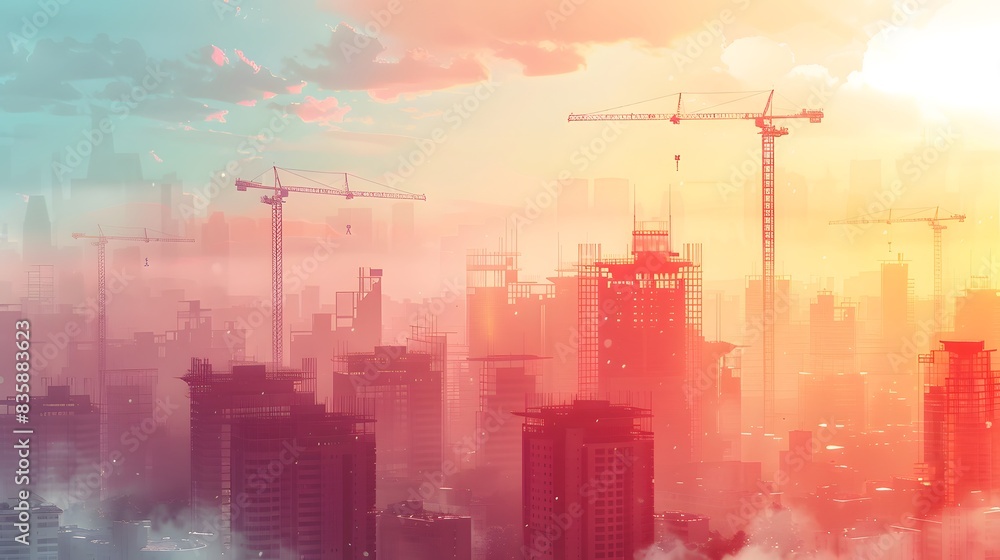 A growing business expanding its operations and infrastructure seamlessly, depicted with construction cranes and new office spaces emerging in a cityscape A growing business expanding its operations and infrastructure seamlessly, depicted with construction cranes and new office spaces emerging in a cityscape