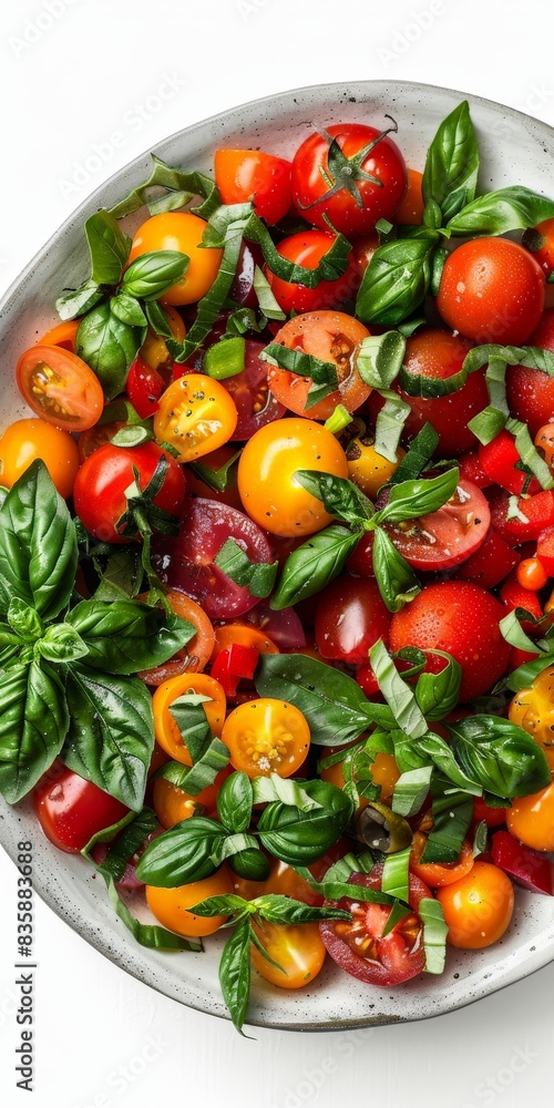Freshly Cut Tomatoes and Basil in a White Bowl Freshly Cut Tomatoes and Basil in a White Bowl