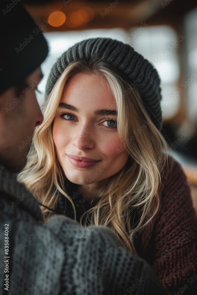 Woman With Blonde Hair Wearing Knit Hat Looks Lovingly at Man Woman With Blonde Hair Wearing Knit Hat Looks Lovingly at Man