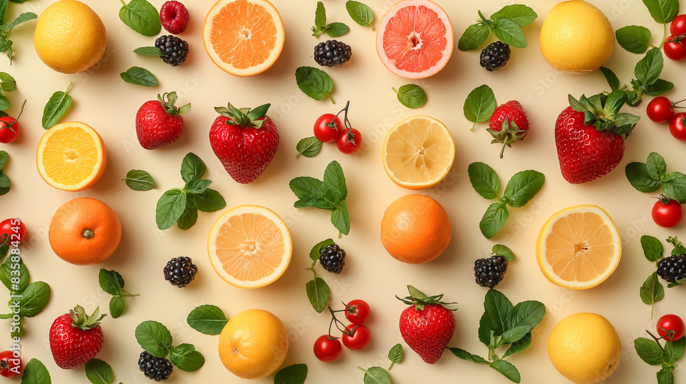 Pattern of variety fresh of organic fruits and vegetables and healthy vegan meal ingredients on beige background. Healthy food, clean eating, diet and detox, eco friendly, no plastic concept. Flat lay Pattern of variety fresh of organic fruits and vegetables and healthy vegan meal ingredients on beige background. Healthy food, clean eating, diet and detox, eco friendly, no plastic concept. Flat lay