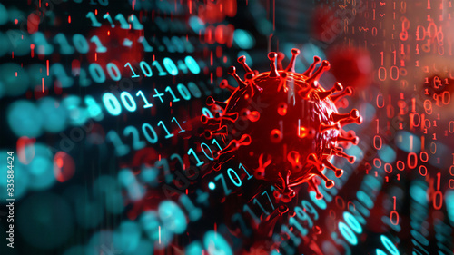 A menacing red-colored computer virus that infiltrates the binary program code consisting of zeros and ones, disrupting digital systems and compromising data security photo