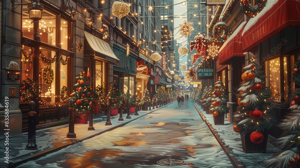 A festive New York street during the holiday season, with decorations and lights, captured in rich, festive oil paints.