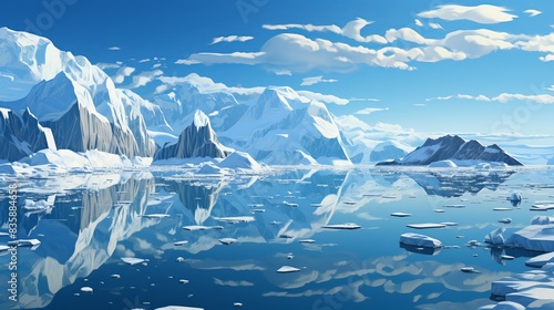 A powerful image of a glacier calving into the ocean, capturing the dramatic and visible effects of global warming on polar ice masses and sea levels. Painting Illustration style, Minimal and Simple, photo