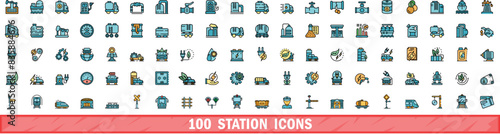 100 station icons set. Color line set of station vector icons thin line color flat on white