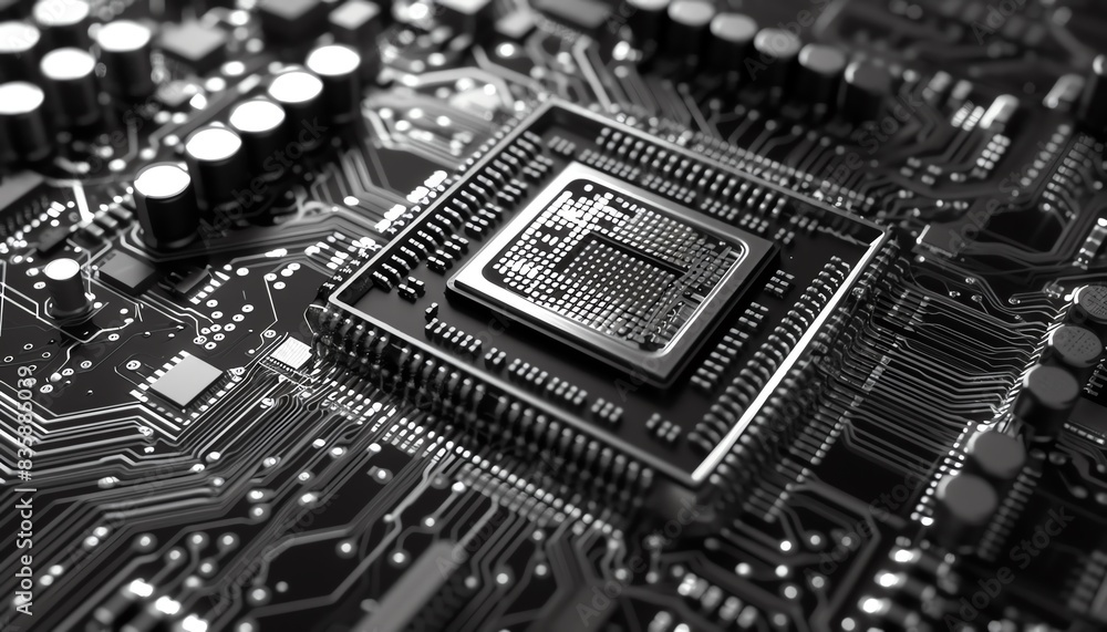Closeup view of a circuit board showcasing the intricate design of central computer processors CPU and digital chips Closeup view of a circuit board showcasing the intricate design of central computer processors CPU and digital chips