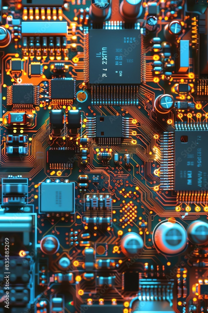A highresolution image of a circuit board highlights the central computer processors CPU and various digital components essential for computing, high resolution DSLR A highresolution image of a circuit board highlights the central computer processors CPU and various digital components essential for computing, high resolution DSLR