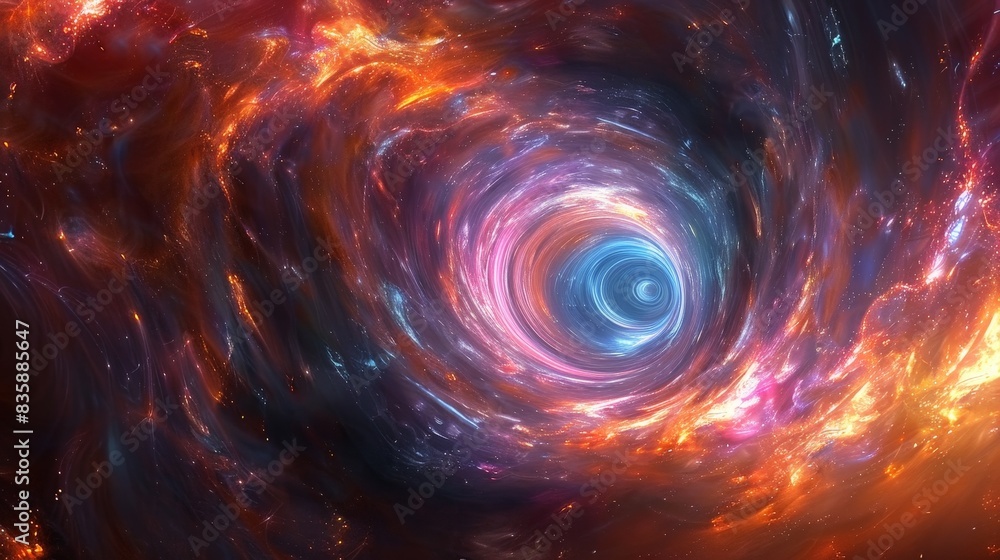 A cosmic energy burst in a minimalist digital artwork, with swirling patterns of light and color converging at a central point. This dynamic composition captures the power and vibrancy of the