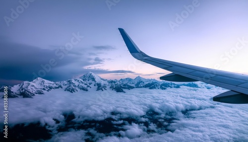 A view across a wing of a commercial plane flying the Himalayas, at dusk  © robfolio