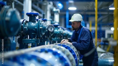 Male worker at water supply station inspects water pump valves equipment in at a large industrial estate. Water pipes. Industrial plumbing.,gas pipe valves, oil valves, water valves, © Sittipol 