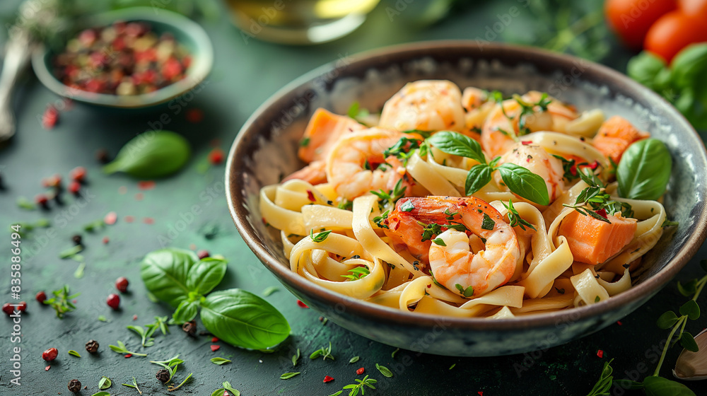 Italian fettuccine with prawns, salmon and herbs. Flat lay top-down composition on dark green background. Italian fettuccine with prawns, salmon and herbs. Flat lay top-down composition on dark green background.