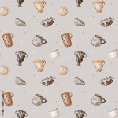 Kitchen watercolor vintage decor, beige brown mugs and cups seamless pattern, wrapping paper design (ID: 835886475)