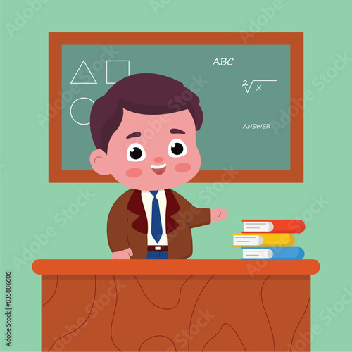cute male teacher illustration character. the teacher points to the blackboard. flat cartoon style
