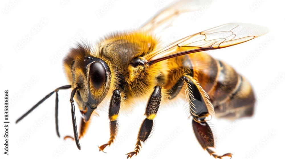 A close-up of a honeybee in sharp detail, with its wings and fuzzy body clearly visible against a white background A close-up of a honeybee in sharp detail, with its wings and fuzzy body clearly visible against a white background