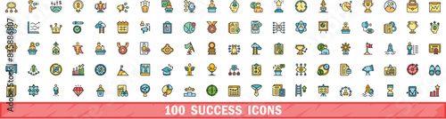 100 success icons set. Color line set of success vector icons thin line color flat on white