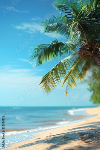 Palm Tree Overlooking Tranquil Beach on Summer Vacation