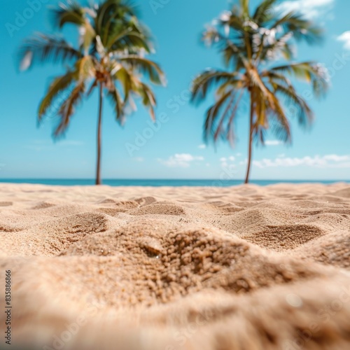 Close Up of Sandy Beach With Palm Trees and Blue Sky on a Summer Vacation