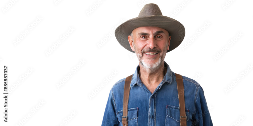 Portrait of a smiling farmer wearing a denim shirt, suspenders, and a wide-brimmed hat. The man exudes a friendly and approachable demeanor Portrait of a smiling farmer wearing a denim shirt, suspenders, and a wide-brimmed hat. The man exudes a friendly and approachable demeanor