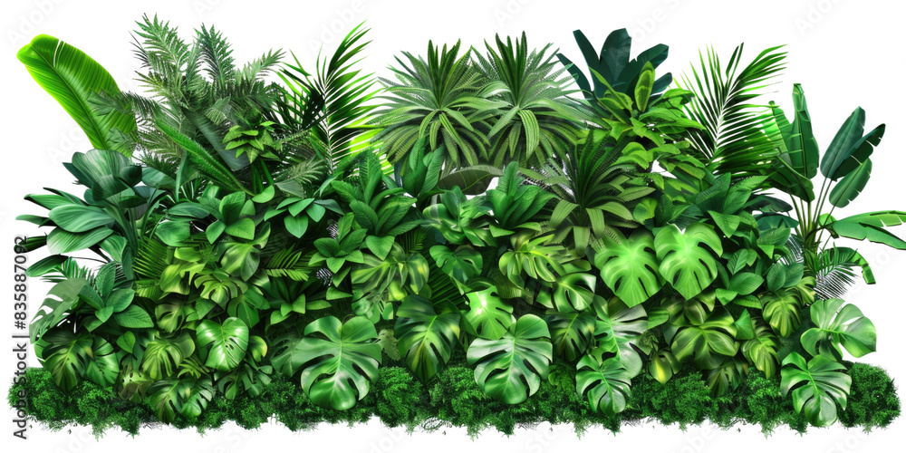 A lush, dense set of green tropical plants and foliage, arranged to form a natural wall or garden backdrop. Ideal for themes of nature, gardening, landscaping, and tropical environments. A lush, dense set of green tropical plants and foliage, arranged to form a natural wall or garden backdrop. Ideal for themes of nature, gardening, landscaping, and tropical environments.