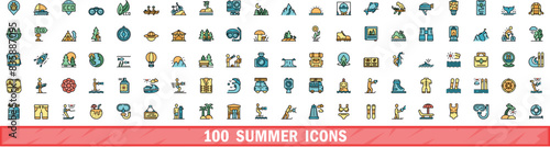 100 summer icons set. Color line set of summer vector icons thin line color flat on white
