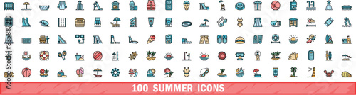 100 summer icons set. Color line set of summer vector icons thin line color flat on white