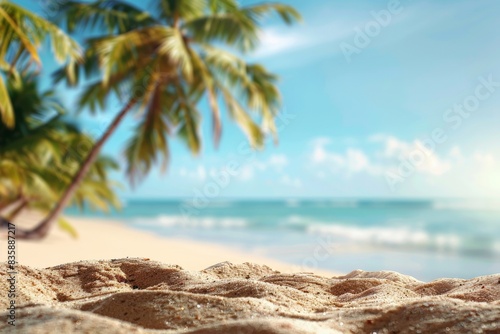 Soft Sand Beach With Blurred Palm Trees and Ocean © BrandwayArt