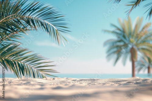 Palm Tree Fronds Frame Blurred Beach Scene