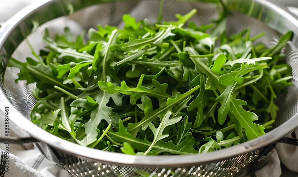 Trim Wild Arugula in a Strainer, Generative AI Trim Wild Arugula in a Strainer, Generative AI