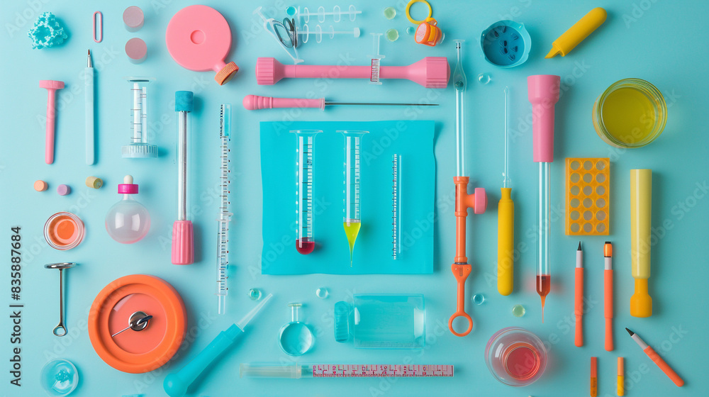 A square of vibrant science tools on a pastel blue background. A square of vibrant science tools on a pastel blue background.