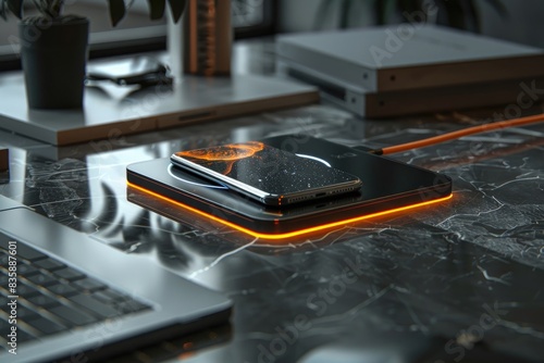 A high-tech scene with a power bank wirelessly charging a smartphone on a sleek charging pad, showcasing its advanced charging capabilities and compatibility with modern devices photo