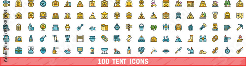 100 tent icons set. Color line set of tent vector icons thin line color flat on white