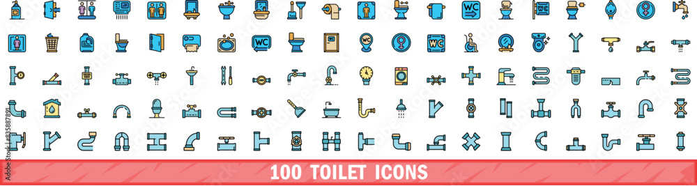 100 toilet icons set. Color line set of toilet vector icons thin line color flat on white 100 toilet icons set. Color line set of toilet vector icons thin line color flat on white