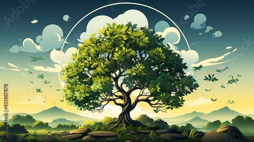 An illustration of a tree with its roots wrapped around a globe, symbolizing the interconnectedness of forests and the planet's ecosystems in regulating the climate and sustaining life. Painting