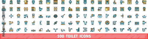 100 toilet icons set. Color line set of toilet vector icons thin line color flat on white