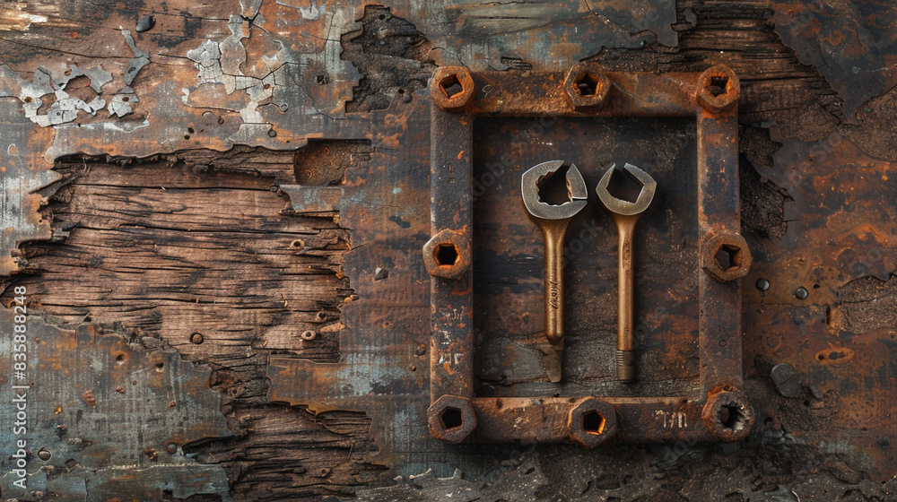 A tidy square of classic engineering tools on a rustic wood backdrop. A tidy square of classic engineering tools on a rustic wood backdrop.