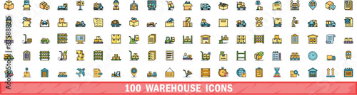 100 warehouse icons set. Color line set of warehouse vector icons thin line color flat on white