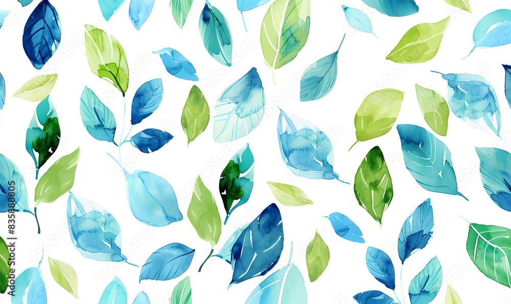 Watercolor Seamless Pattern with Blue and Green Leaves,Generative AI Watercolor Seamless Pattern with Blue and Green Leaves,Generative AI