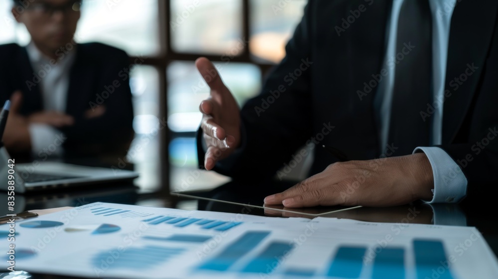 A business leader presenting a quarterly report with business graphs and financial data to company stakeholders in a boardroom meeting. A business leader presenting a quarterly report with business graphs and financial data to company stakeholders in a boardroom meeting.
