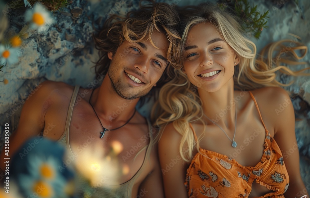 Fototapeta premium Happy young couple lying on the ground holding hands, laughing, looking at each other lovingly, top view