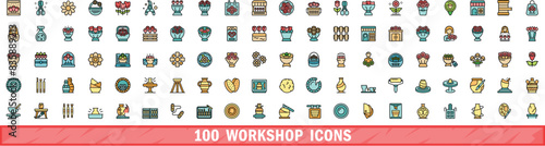 100 workshop icons set. Color line set of workshop vector icons thin line color flat on white