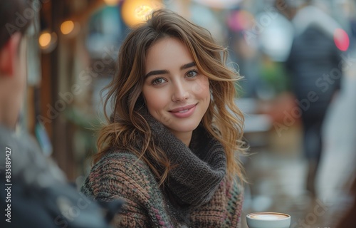 Wallpaper Mural Woman enjoying a coffee with her boyfriend, smiling warmly, in a cozy café setting, holding a cup Torontodigital.ca