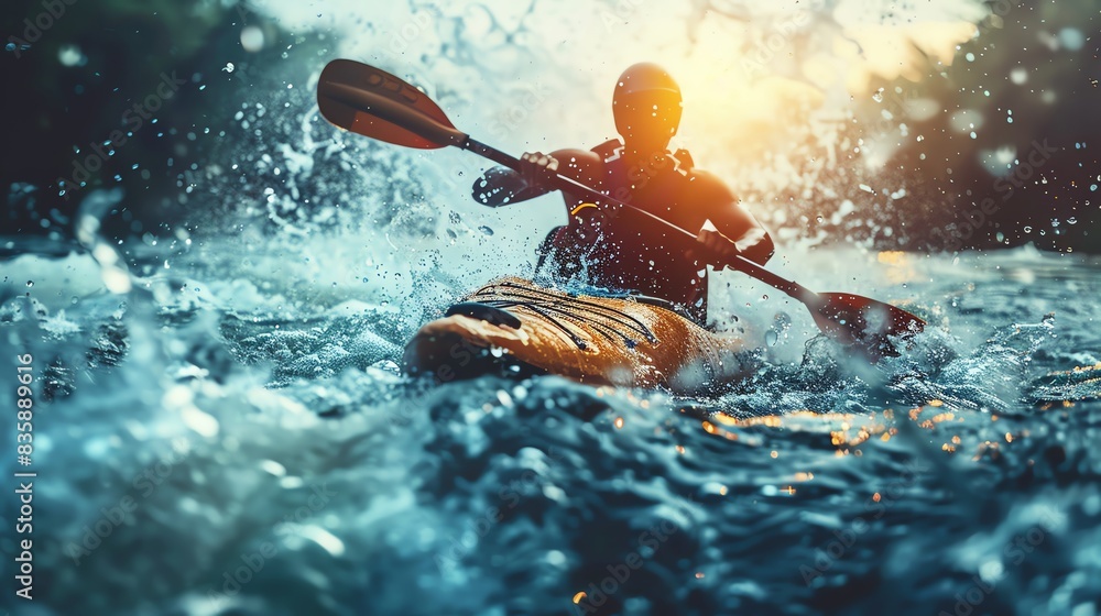 Fototapeta premium Adventurous kayaker navigating turbulent waters with determination and skill, captured in dynamic action during a thrilling whitewater kayaking adventure.