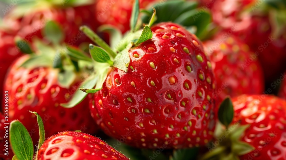 A close-up image of fresh, ripe red strawberries with green leaves A close-up image of fresh, ripe red strawberries with green leaves