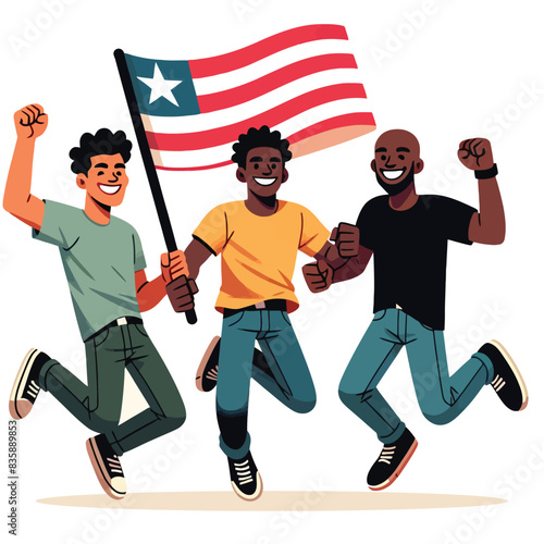 illustration of young people jumping for joy with the Liberian flag