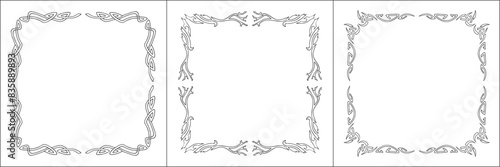 Set of three frames. Elegant black and white frame with Scandinavian ornament, decorative border, corners, isolated vector illustration.	
