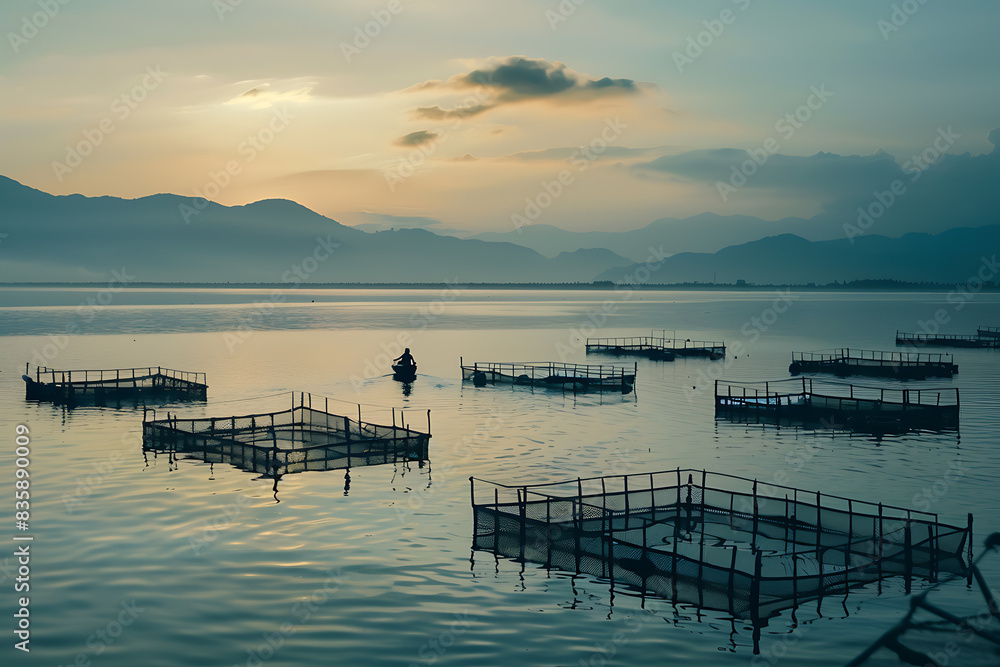 Obraz premium serene aquatic landscape, several fish pens float peacefully on the water, with one small boat attending to them, creating a harmonious scene of modern aquaculture and sustainable farming practices