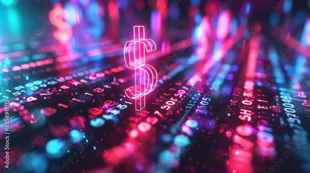 Neon dollar sign over a background of data lines representing digital currency and financial technology in a futuristic concept. Neon dollar sign over a background of data lines representing digital currency and financial technology in a futuristic concept.